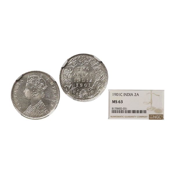 Victoria Empress, Silver 2 Annas, 1901, Calcutta Mint, Graded By NGC MS63.