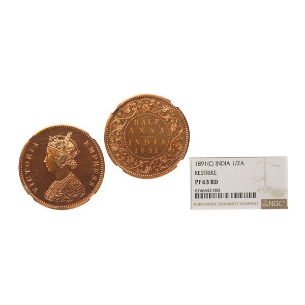 Victoria Empress, Copper 1/2 Anna, 1891, Calcutta Mint, Re-Strike, Graded By NGC PF63 RD, 