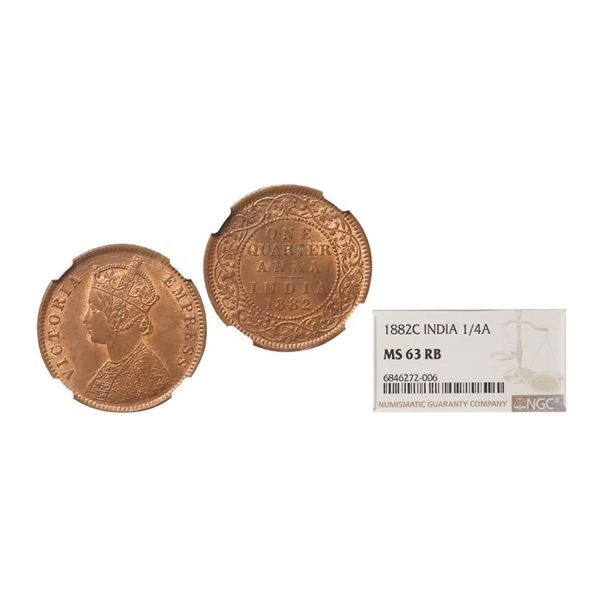 Victoria Empress, Copper 1/4 Anna, 1882, Calcutta Mint, Graded By NGC MS63 RB, Rare.