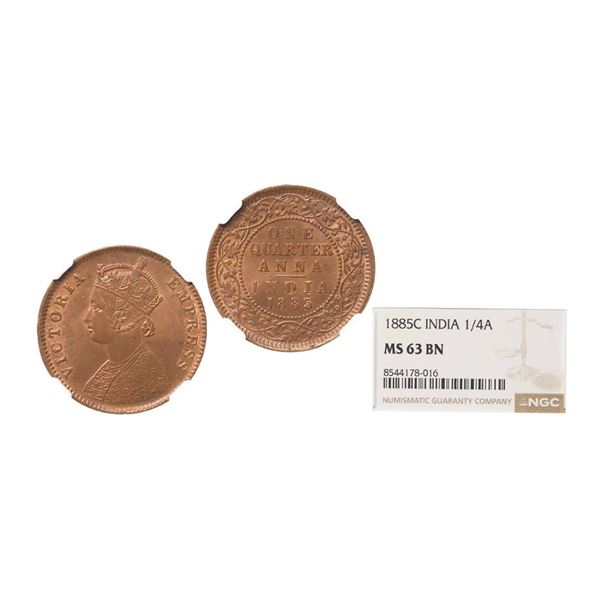 Victoria Empress, Copper 1/4 Anna, 1885, Calcutta Mint, Graded By NGC MS63 BN, Rare.
