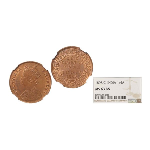 Victoria Empress, Copper 1/4 Anna, 1898, Calcutta Mint, Graded By NGC MS63 BN, Rare.