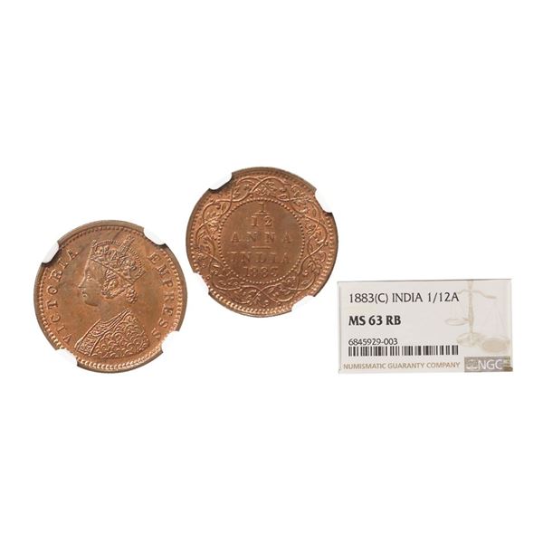 Victoria Empress, Copper 1/12 Anna, 1883, Calcutta Mint, Graded By NGC MS63 RB, Rare.
