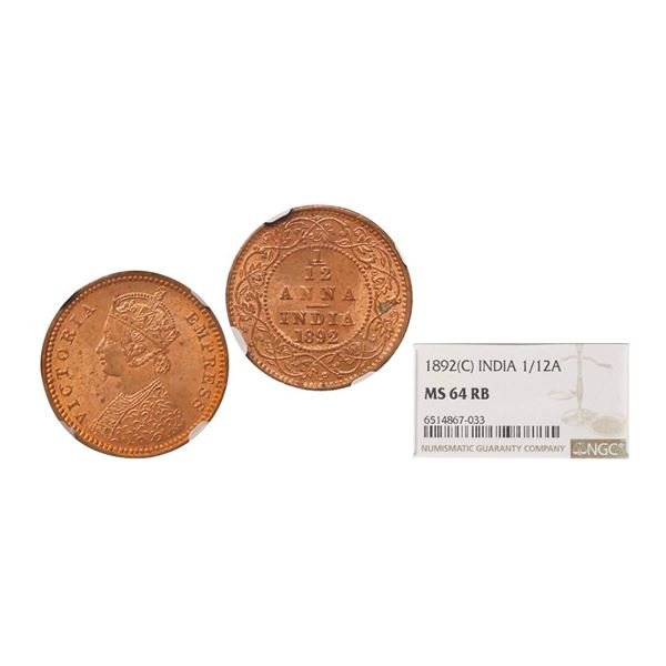 Victoria Empress, Copper 1/12 Anna, 1892, Calcutta Mint, Graded By NGC MS64 RB.