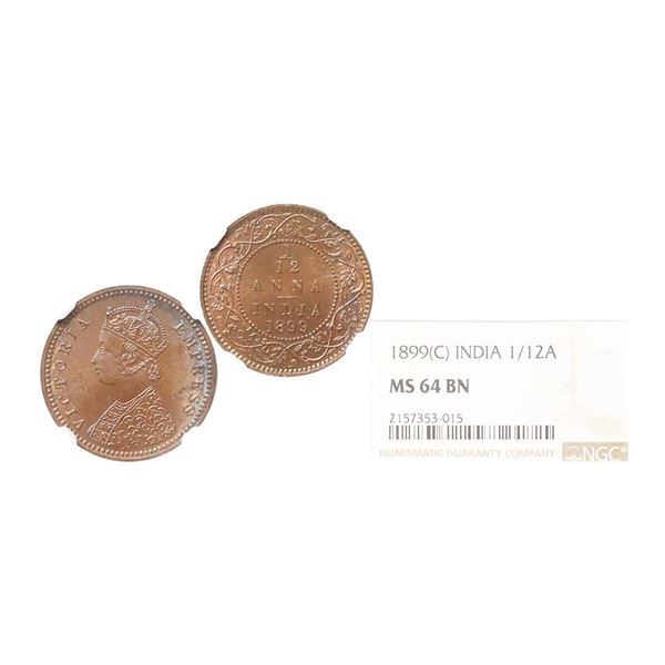 Victoria Empress, Copper 1/12 Anna, 1899, Calcutta Mint, Graded by NGC MS64 BN.