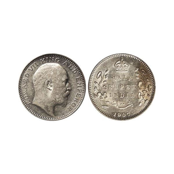 Edward VII King & Emperor, Silver 1/2 Rupee, 1907, Calcutta Mint. Edward VII King &amp; Em