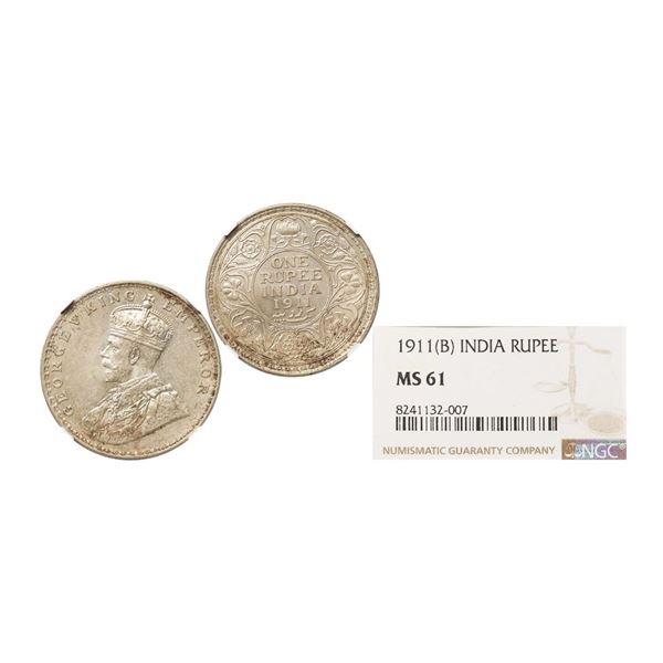 George V King Emperor, Silver Rupee, 1911, Bombay Mint, Graded by NGC MS61, Rare.