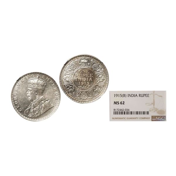 George V King Emperor, Silver Rupee, 1915, Bombay Mint, Dot, Graded By NGC MS62, Rare.