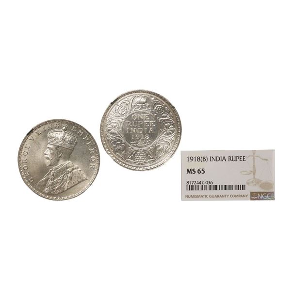 George V King Emperor, Silver Rupee, 1918, Bombay Mint, Dot, Graded By NGC MS65.
