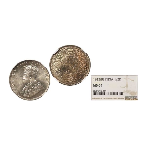 George V King Emperor, Silver 1/2 Rupee, 1912, Bombay Mint, Dot, Beautiful Toning on Rev:,