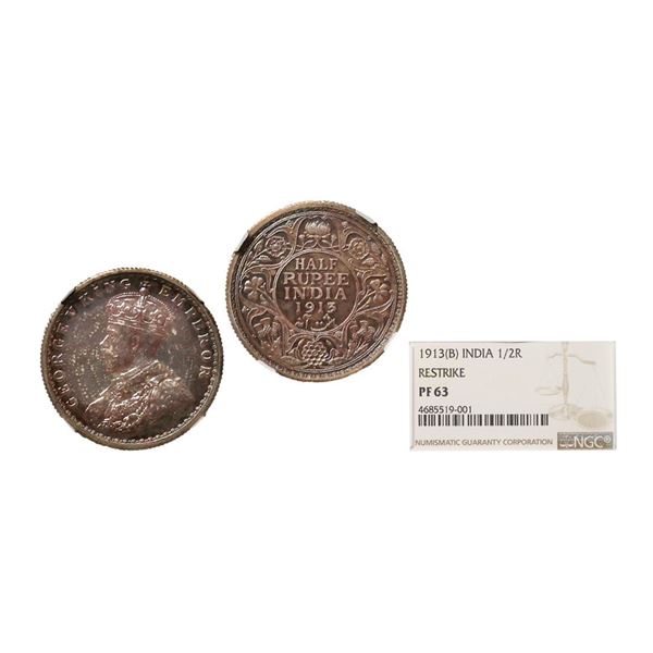 George V King Emperor, Silver 1/2 Rupee, 1913, Bombay Mint, Dot, Re-Strike, Graded By NGC