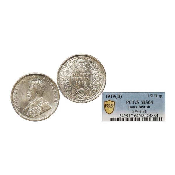George V King Emperor, Silver 1/2 Rupee, 1919, Bombay Mint, Dot, Graded by PCGS MS64, Scar