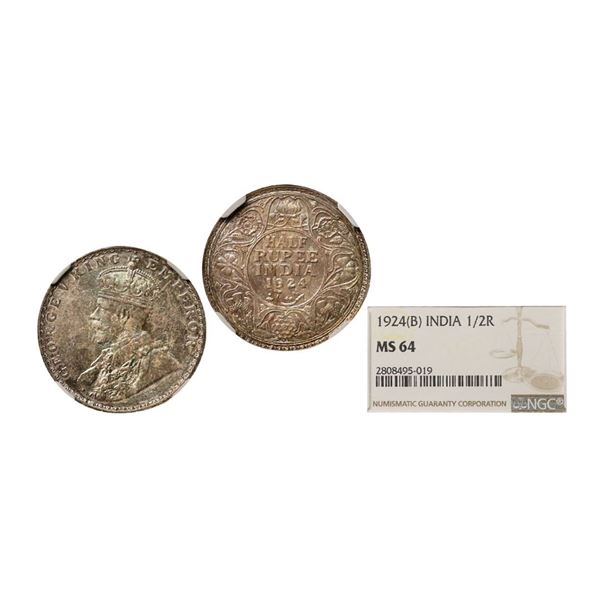 George V King Emperor, Silver 1/2 Rupee, 1924, Bombay Mint, Dot, Graded By NGC MS64, Very 