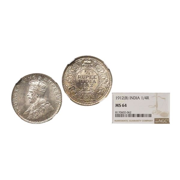 George V King Emperor, Silver 1/4 Rupee, 1912, Bombay Mint, Dot, Graded By NGC MS64, Rare.