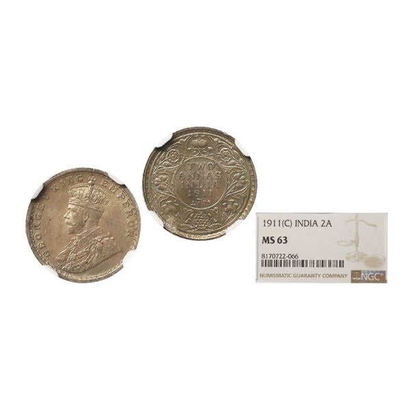 George V King Emperor, Silver 2 Annas, 1911, Calcutta Mint, Graded By NGC MS63, Extremely 