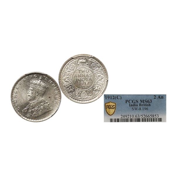 George V King Emperor, Silver 2 Annas, 1912, Calcutta Mint, Graded by PCGS MS63.