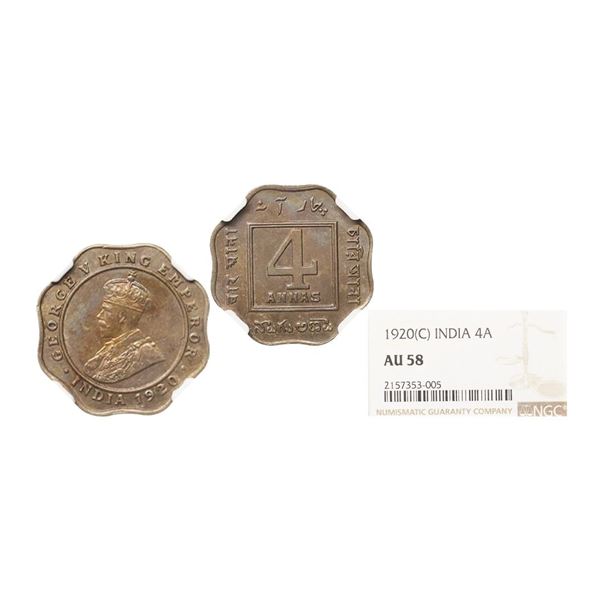 George V King Emperor, Copper- Nickel 4 Annas, 1920, Calcutta Mint, Graded by NGC AU58, Sc