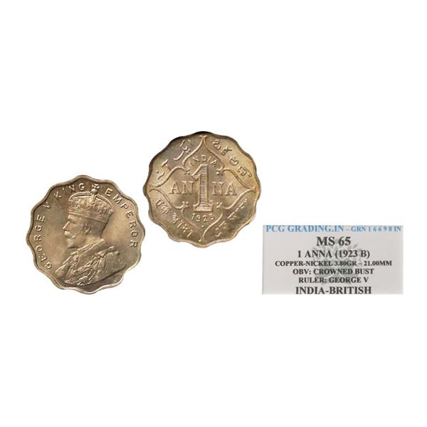 George V King Emperor, Copper-Nickel 1 Anna, 1923, Bomaby Mint, Dot, Graded By PCG MS65, R
