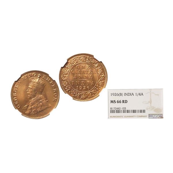 George V King Emperor, Copper 1/4 Anna, 1926, Bombay Mint, Graded By NGC MS66 RD.