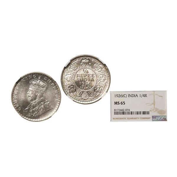 George V King Emperor, Silver 1/4 Rupee, 1926, Calcutta Mint, Graded By NGC MS65.