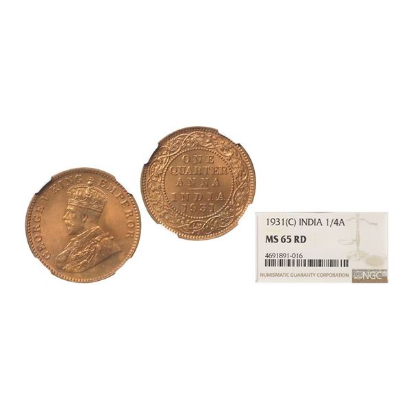 George V King Emperor, Copper 1/4 Anna, 1931, Calcutta Mint, Graded By NGC MS65 RB, Rare