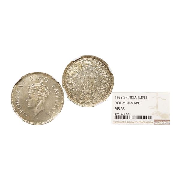 George VI King Emperor, Silver Rupee, 1938, Bombay Mint, Dot, Graded by NGC MS63, Extremel