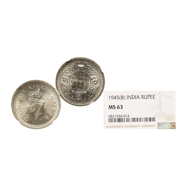 George VI King Emperor, 52% Silver Rupee, 1945, Bombay Mint, Dot, Small 5 On Date, Graded