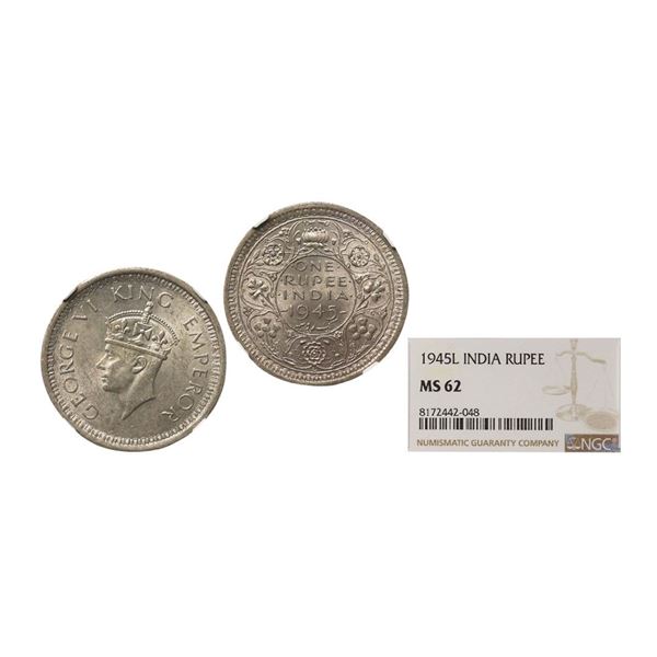 George VI King Emperor, 52% Silver Rupee, 1945, Lahore Mint, L Mint Mark, Large 5 on Date,