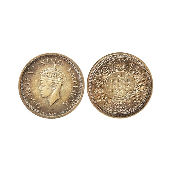George VI King Emperor, 52% Silver 1/2 Rupee, 1945, Bombay Mint, Diamond, Large 5 on Date,