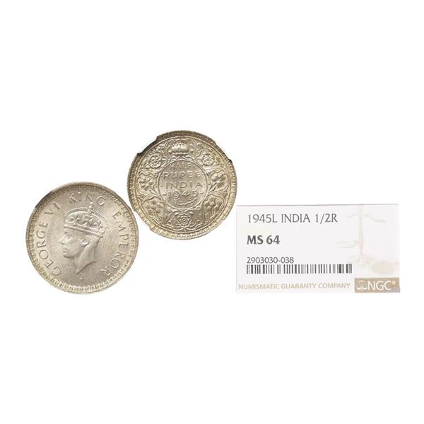 George VI King Emperor, 52% Silver 1/2 Rupee, 1945, Lahore Mint, Small 5 On Date, Graded b