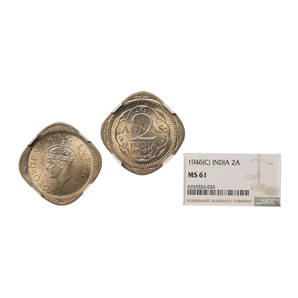 George VI King Emperor, Copper-Nickel 2 Annas, 1946, Calcutta Mint, MULE, Graded By NGC MS