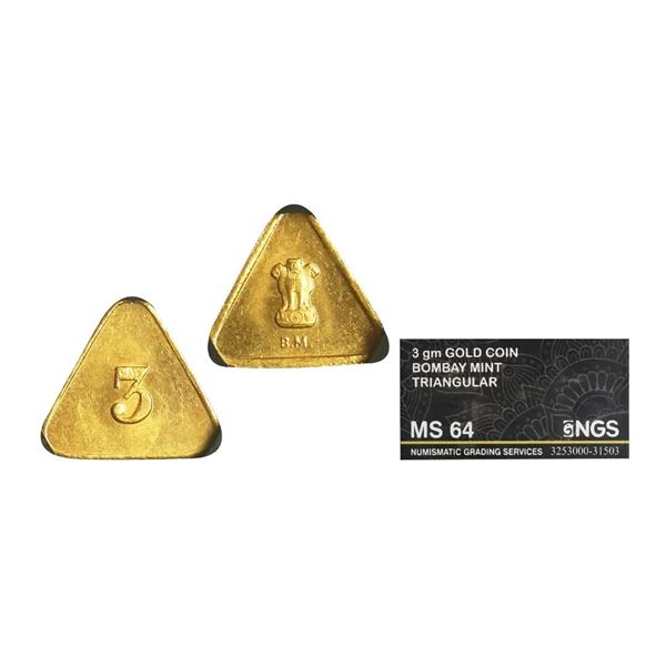 Token, Bombay Mint, Gold Triangular Token, 3gms, Graded MS64 by NGS, rare.