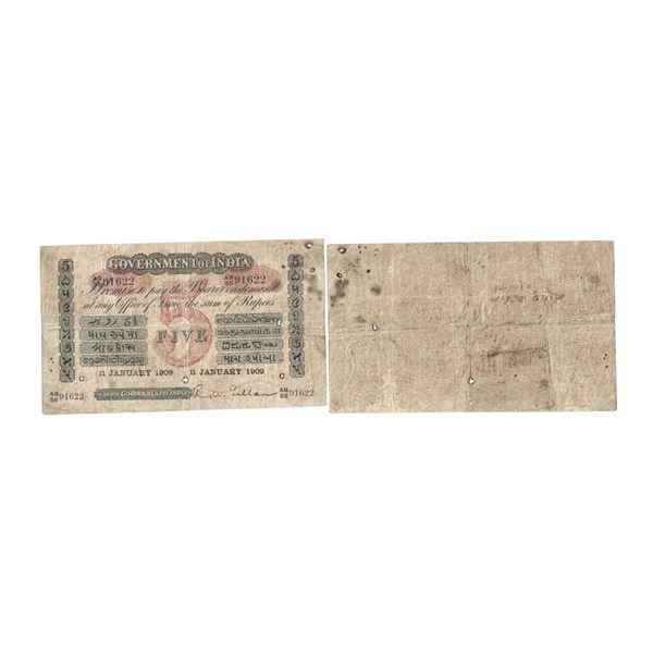 Government of India, Uniface, Rupees 5, red under print, Calcutta Circle, Signed R. W. Gillen, 11 Ja