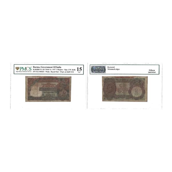 British India, 1937, King George V, 5 Rupees, Signed by J.W. Kelly, Burma Overprint, "