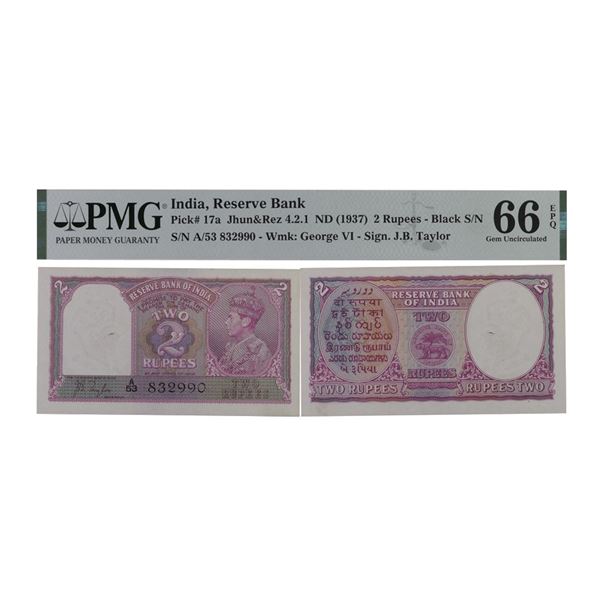 British India, 1937(ND), King George VI, 2 Rupees, Signed by J.B. Taylor, Serial number in