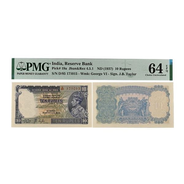 British India, 1938, King George VI, 10 Rupees, Signed by J.B. Taylor, Serial number in Re