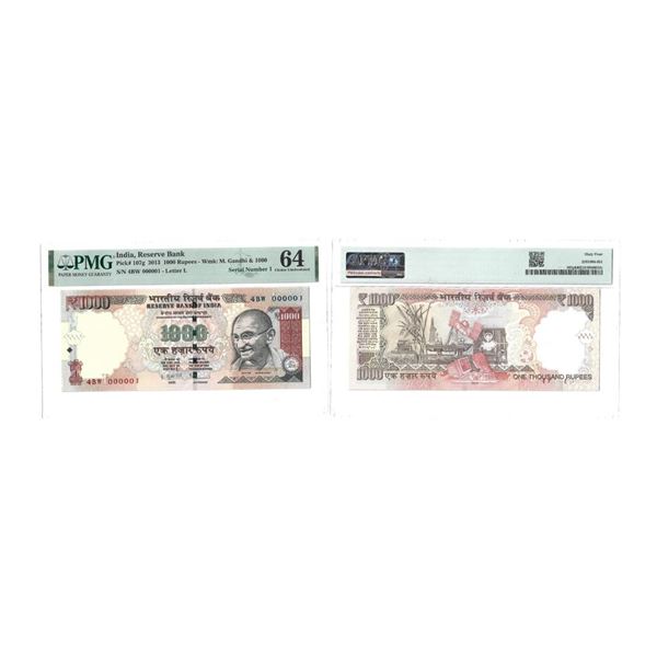 1000 Rupees, Fancy Number, Gandhi series, 2013, Signed by D. Subbarao, Serial Number: 4BW 000001, In