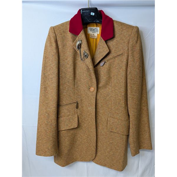 Hermes Paris Tweed blazer with red collar and brooch