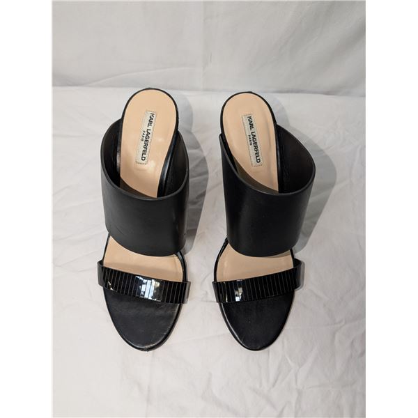 Karl Lagerfeld Tweed and black leather wedge heels