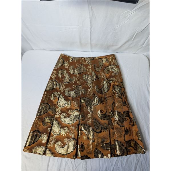 Club Monaco box pleat skirt bronze gold black Paisley pattern