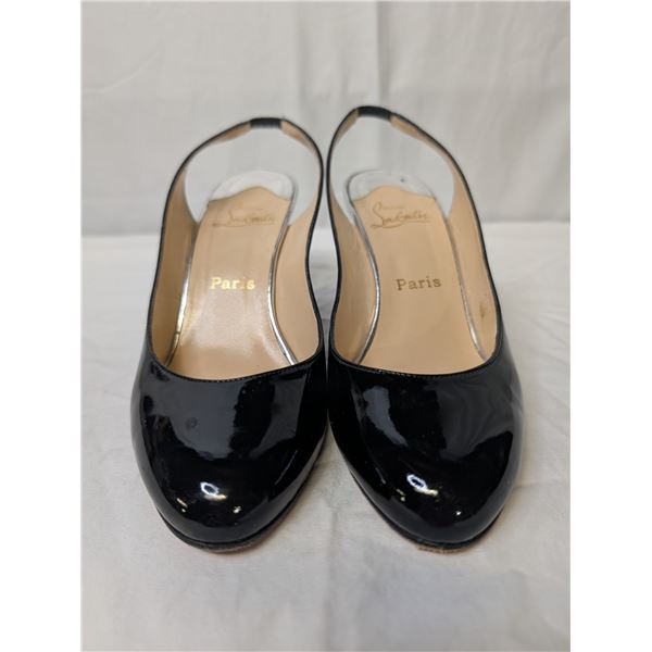 Christian Louboutin wedge silver cutout black patent slingbacks