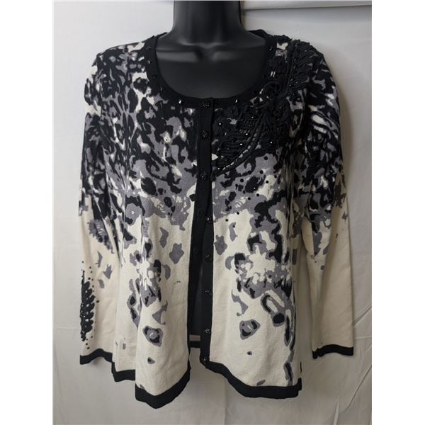Alison Sheri cardigan button-up, black and white pattern with lace