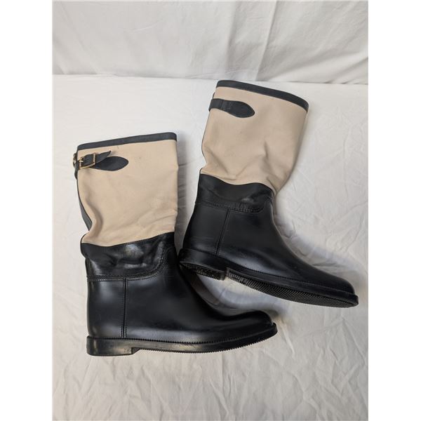 Burberry Boots. black leather cream canvas gold buckles
