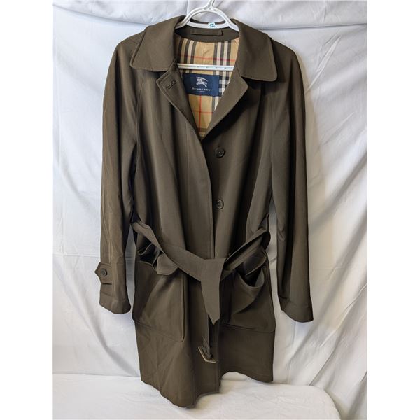 Burberry olive green pea coat with hood and belt