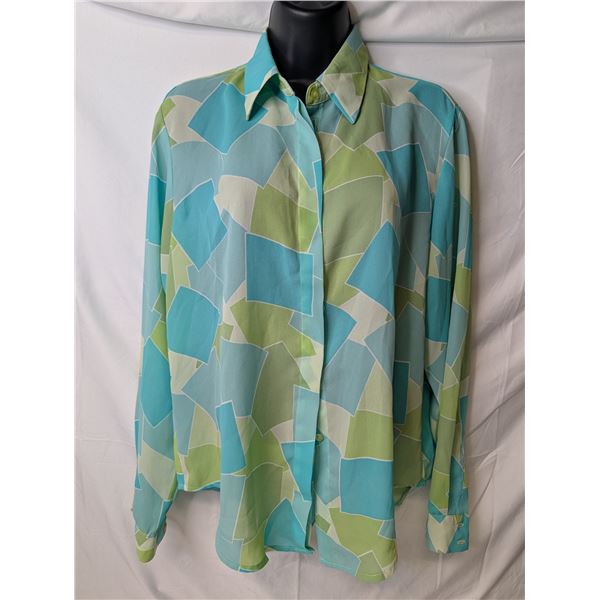 Halston button up blouse blue green square pattern