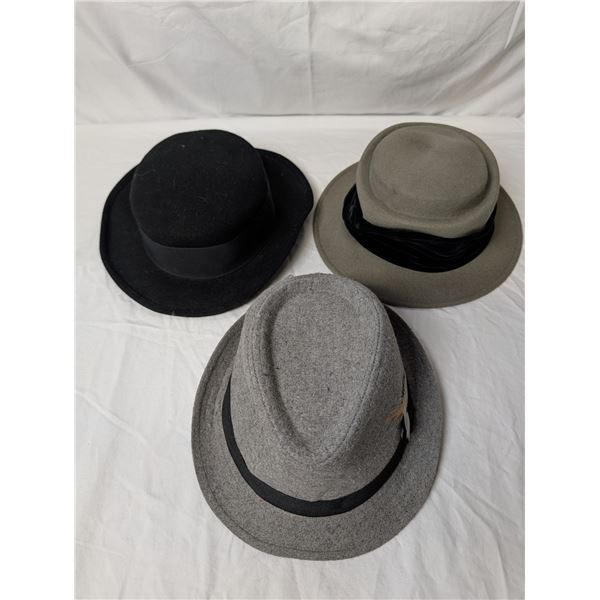 Set of three hats - BDG grey fedora, black felt w/Blk ribbon, grey felt w/Blk velvet band