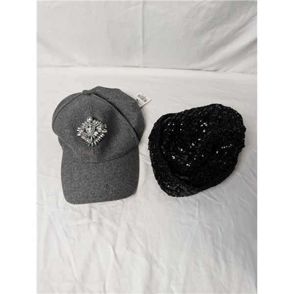 Lot of two hats - Halston black roll rim hat with sequins/NWT Danier Leather ball cap w/jewels