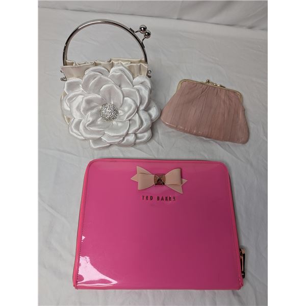 Three item lot - Ted Baker folio/clutch neon pink, white vintage flower purse, pink eel skin clutch/