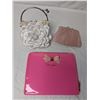 Image 1 : Three item lot - Ted Baker folio/clutch neon pink, white vintage flower purse, pink eel skin clutch/