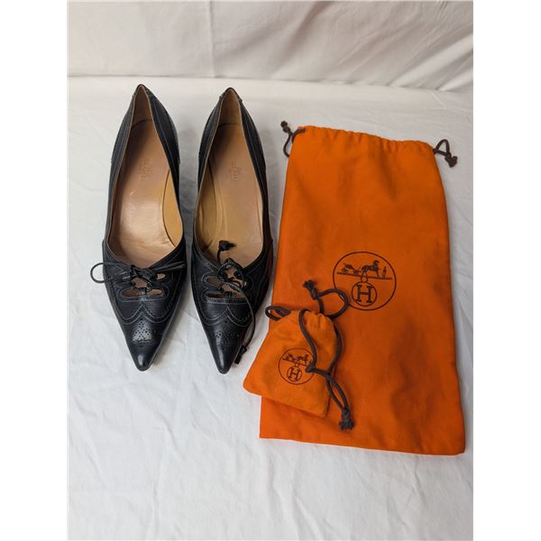 Hermes kitten heels black leather with dust cover