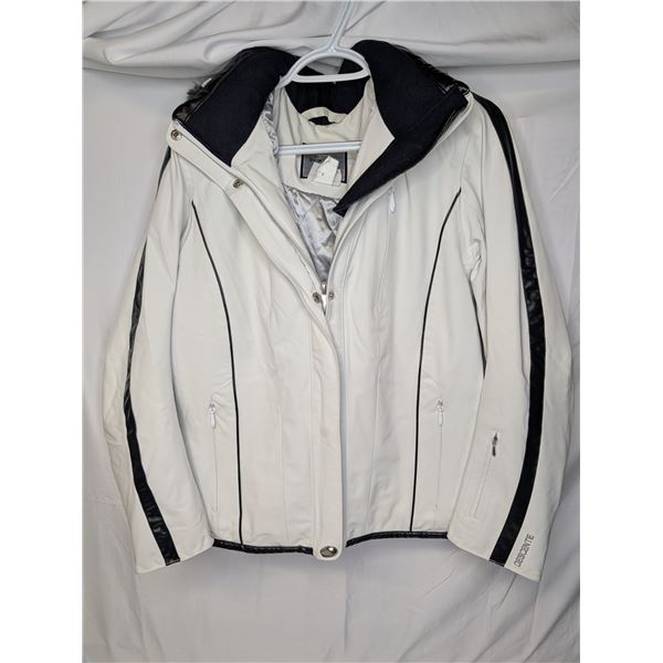 Descente White ski jacket with black trim and Hood